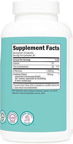 Miniatura 5 de Nutricost D-manosa de 1300 mg con extracto de arándano para mujeres, 25,000 mg equivalente a 500 mg de extracto 50:1 por porción, 180 cápsulas para