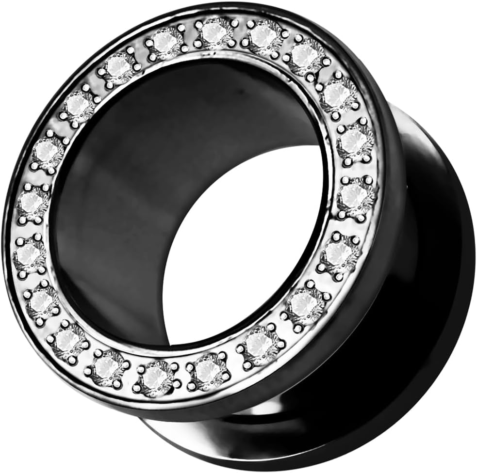 Black Anodized Micro Setting Cz Stones Surgical Steel Flesh Tunnel Gauge Ear Piercing Body Jewelry