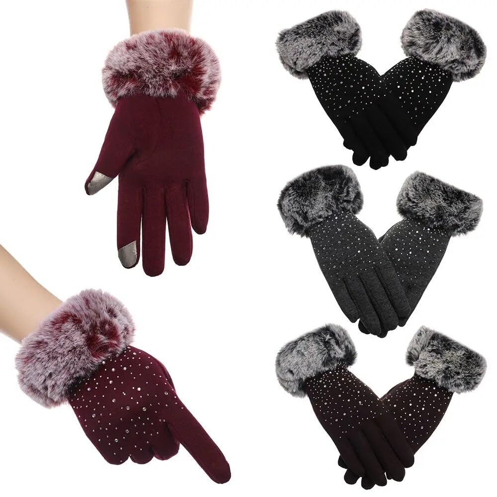 Tomorrow Women's Winter Gloves Soft Warm Touch Screen Gloves for Cold Weather Windproof Covered Finger Faux Fur on The Inner for Cold Weather Women Cute Design Plush Fur Cuff Stone Crafted (Knit) 2