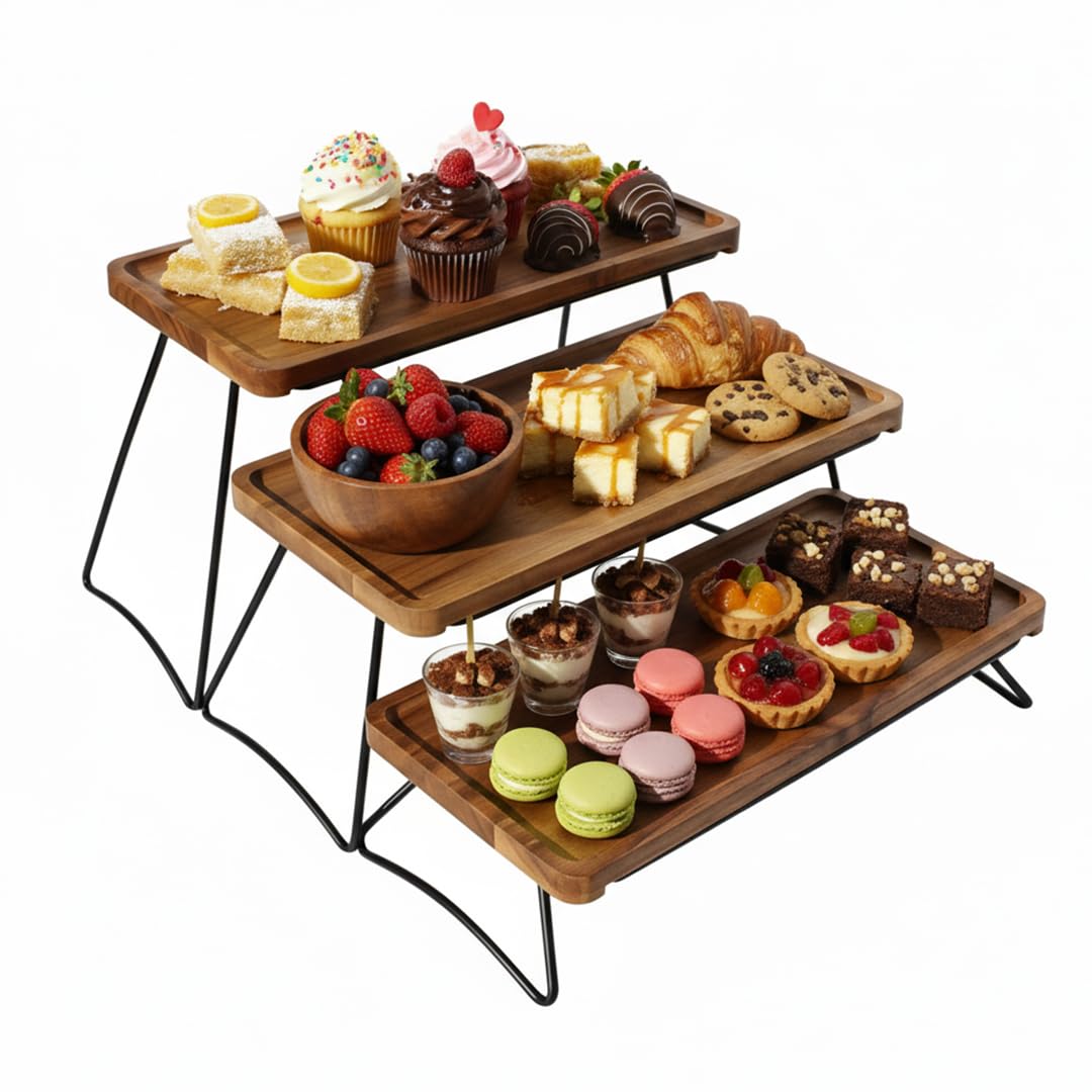 Oaklyn Rust Proof 3 Tier Wooden Cupcake Stand of Acacia Wood | Eco Friendly Tiered Tray Stand with Wooden Serving Trays & Platters for Party, Decor &