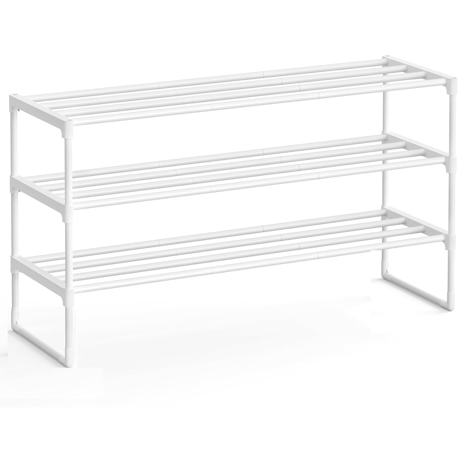 Shoe Rack, 3-Tier Shoe Organizer, Metal Storage Shelf, Upright or Upside Down, for 12-15 Pairs, Stackable, for Entryway, 61 x 28 x 38 cm（3-Tier White)
