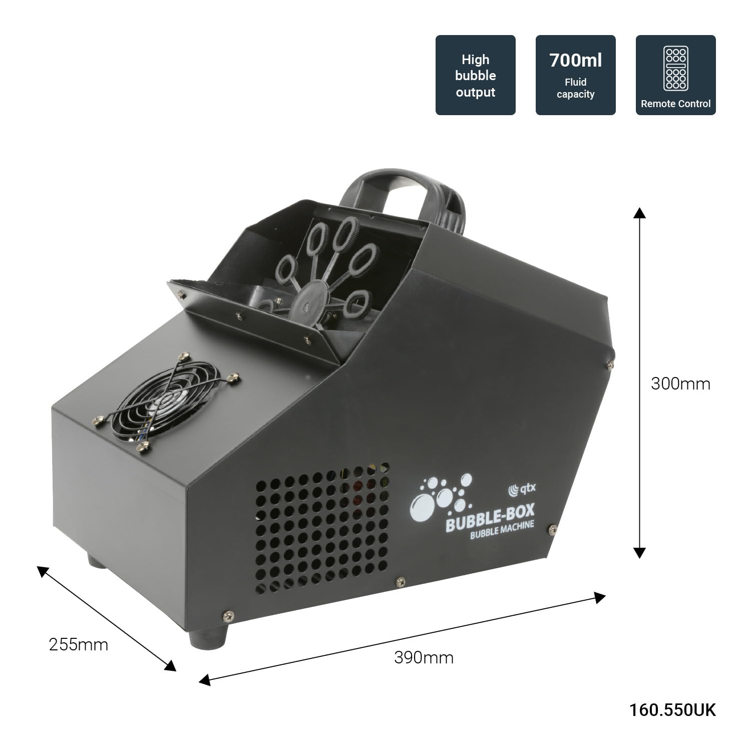 Macchina Bolle Professionale Bubble Box con Telecomando Wireless 700ml – Generatore Bolle Alta Produzione per Feste Eventi DJ – 3 Ventole, Struttura in Acciaio, Effetto Scenografico