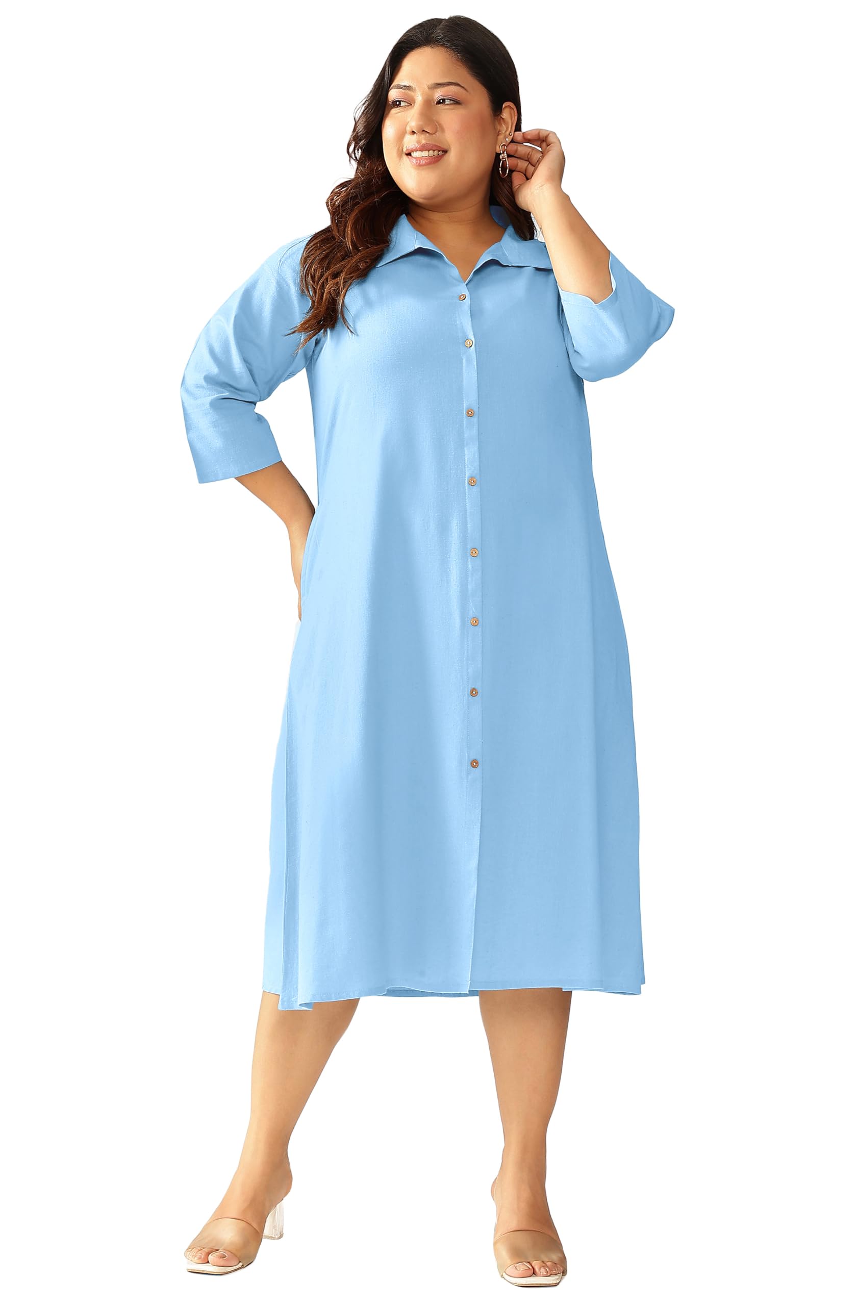 janasya Women's Plus Size Light Blue Cotton Solid Button Down Shirt Style A-line Dress-picture-6
