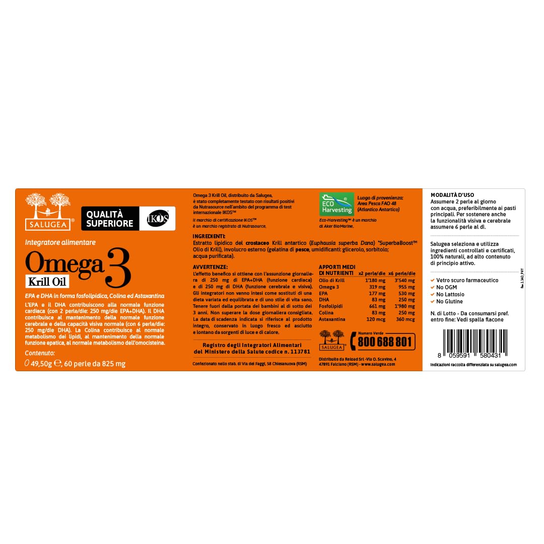 OMEGA 3 KRILL OIL Sangea – 100% naturelle à base d'huile de Krill Antarctique avec Coline et Astaxantine – EPA et DHA hautement assimilables – 60 perles – Flacon en verre foncé pharmaceutique