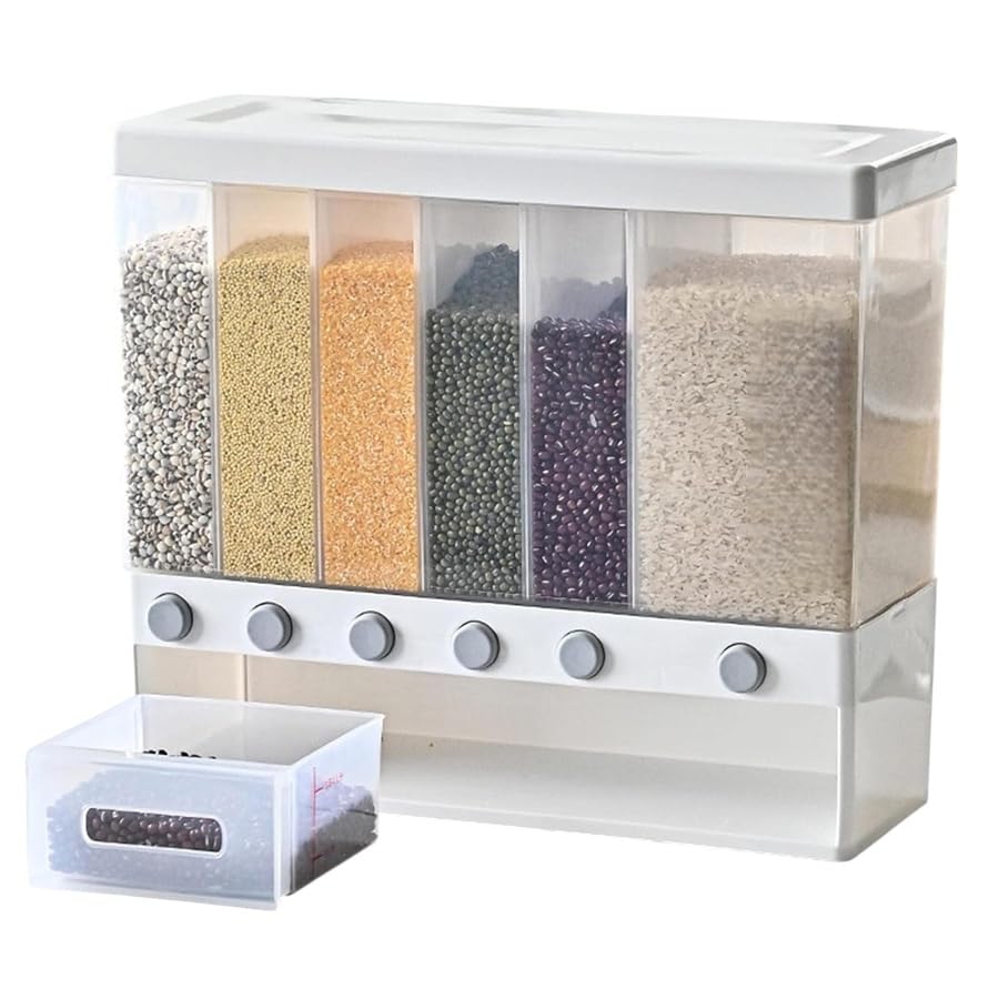Consejos para Comprar Dispensadores de cereales los 5 mejores. 41 Dispensador de Cereales y Semillas con 6 Contenedores Individuales, Organizador de Cocina Montable o de Mostrador, Ideal para Almacenar Arroz, Legumbres, Frutos Secos y Más con...