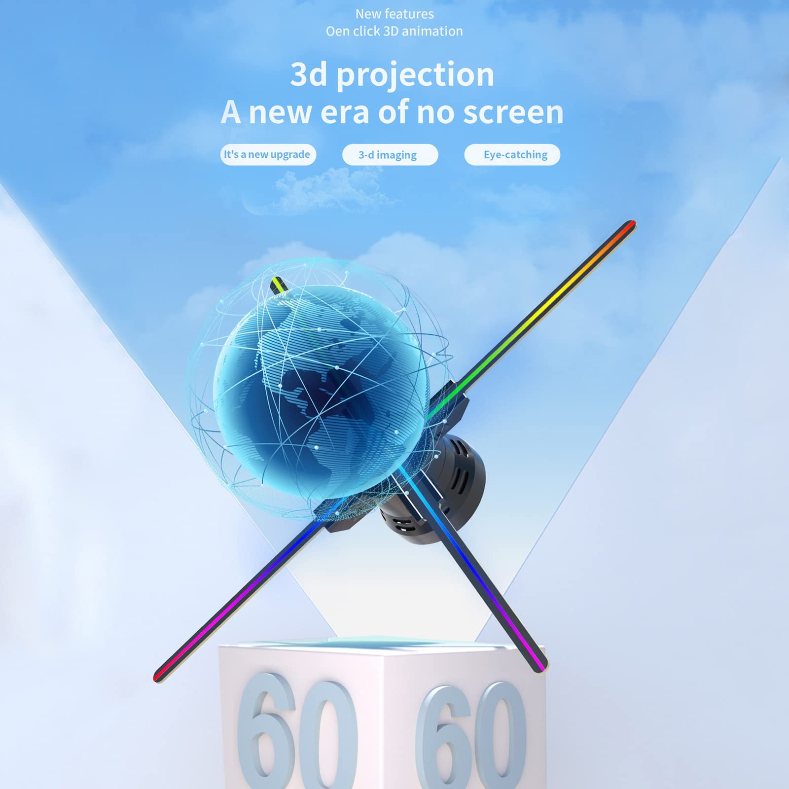 Holograficzny Wentylator 3D, 23,62 "3D Hologram Fan Projektor reklamowy wideo Holograficzna lampa obrazowa Obsługa obrazów i wideo