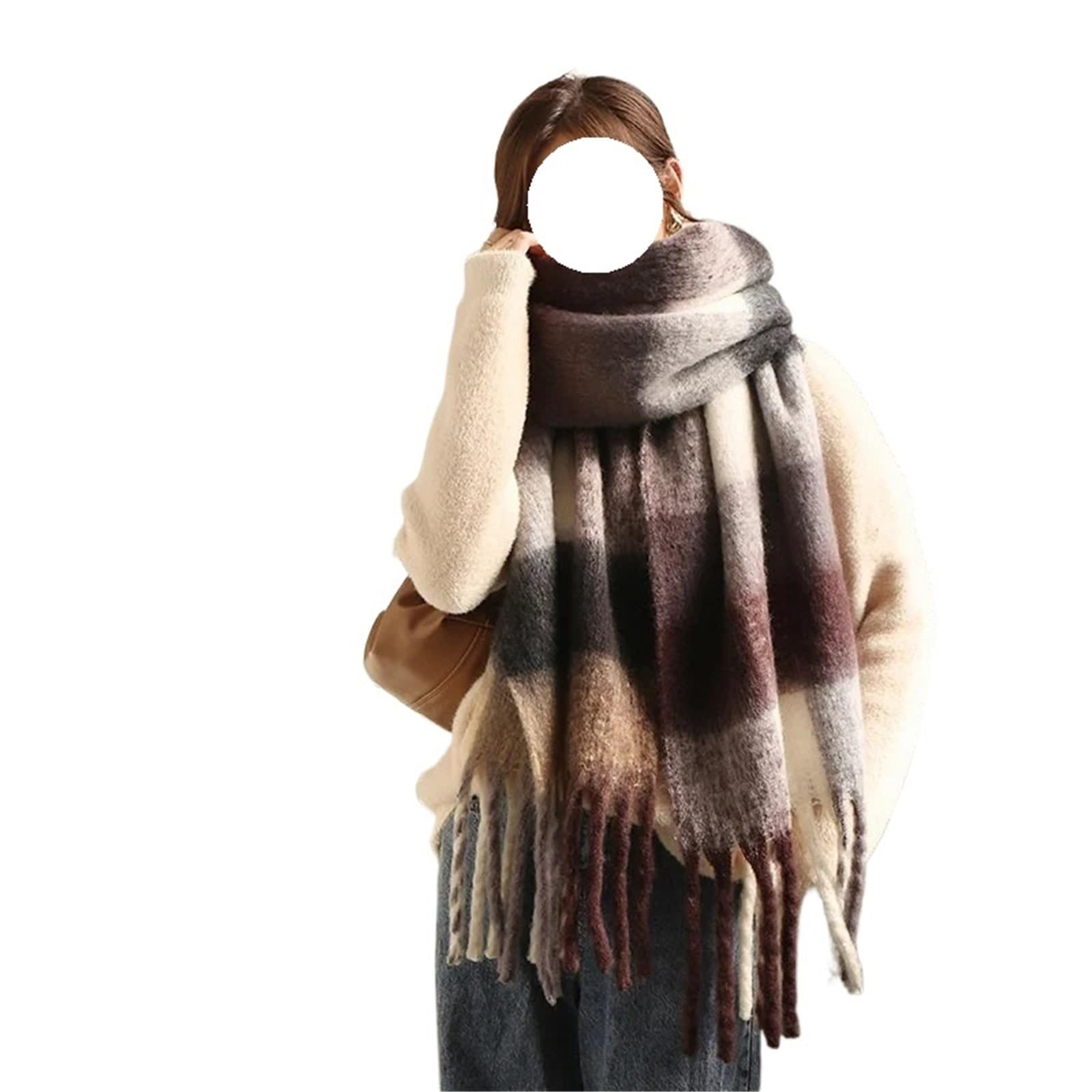 Sciarpa Invernale in Pashmina di Cashmere da Donna, Calda Coperta Scialle con Lunghe Nappe(C)