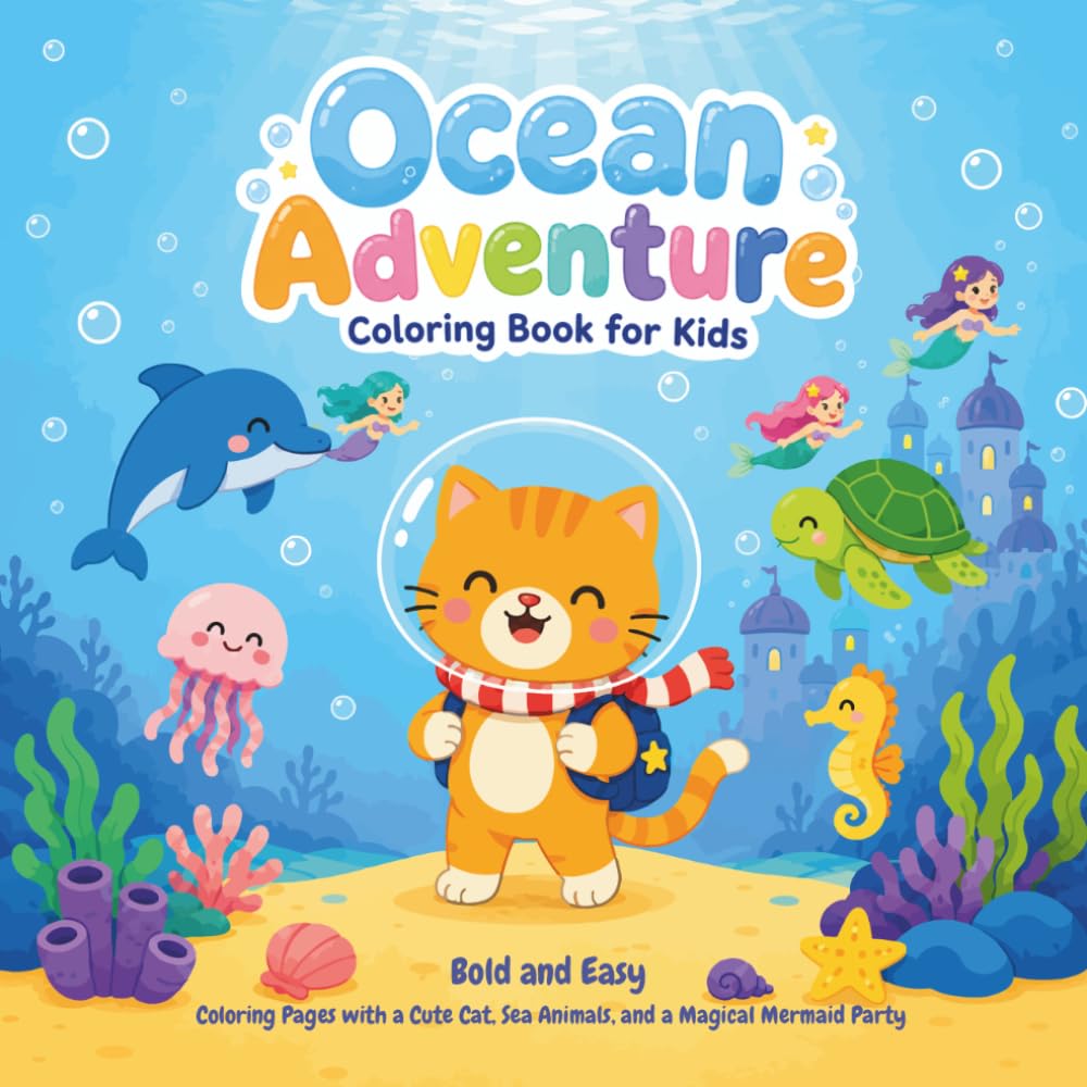 Ocean Adventure Coloring Book for Kids: Bold and Easy Coloring Pages with a Cute Cat, Sea Animals, and a Magical Mermaid Party