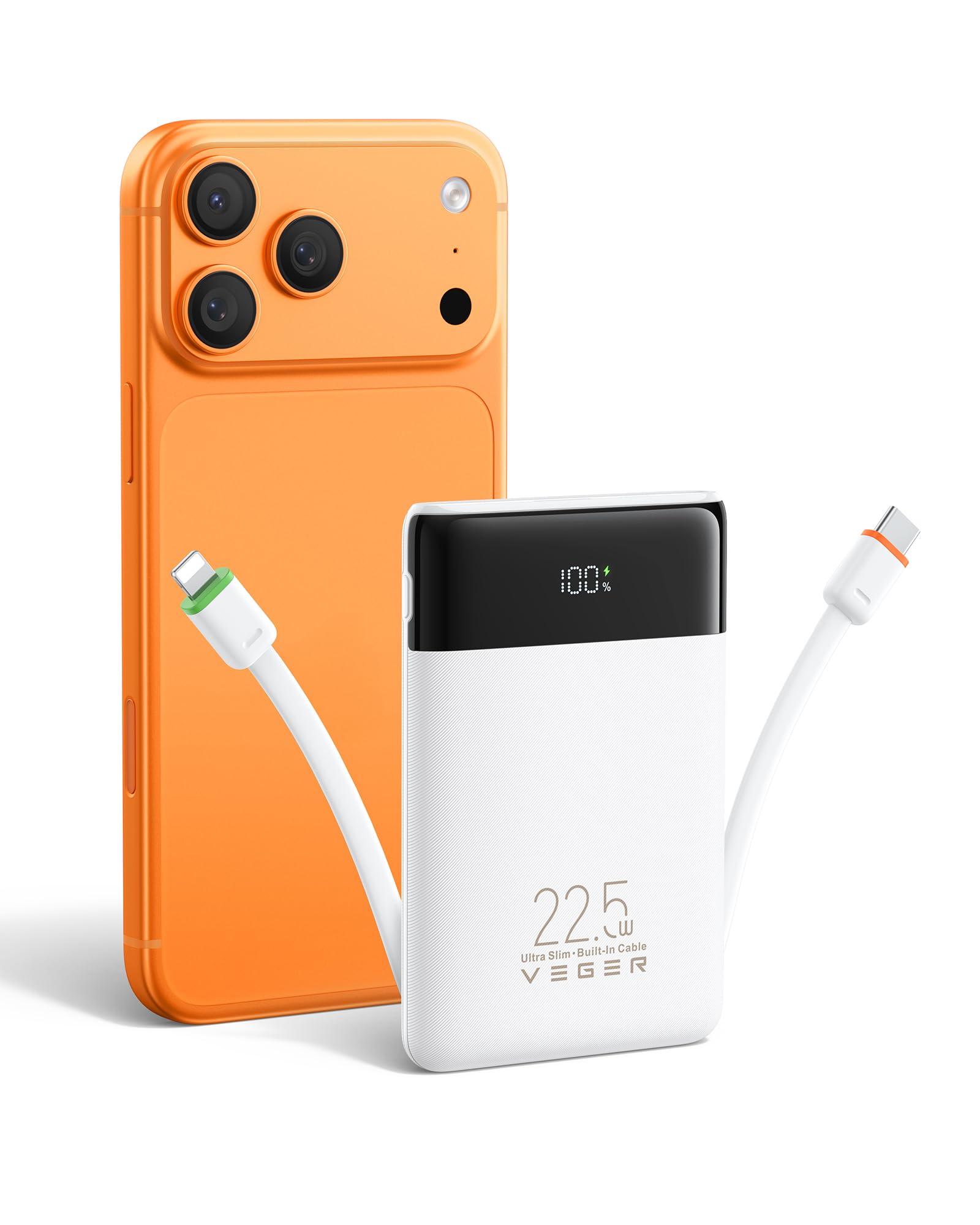 VEGER Power Bank 10000mAh Klein, 22.5W Schnellladung PowerBank mit Integriertem USB-C Kabel, Externe Handyakkus 4 Ausgänge 3 Eingänge Kompatibel mit iPhone 17 16 15 14 Samsung Xiaomi - Reise Essential