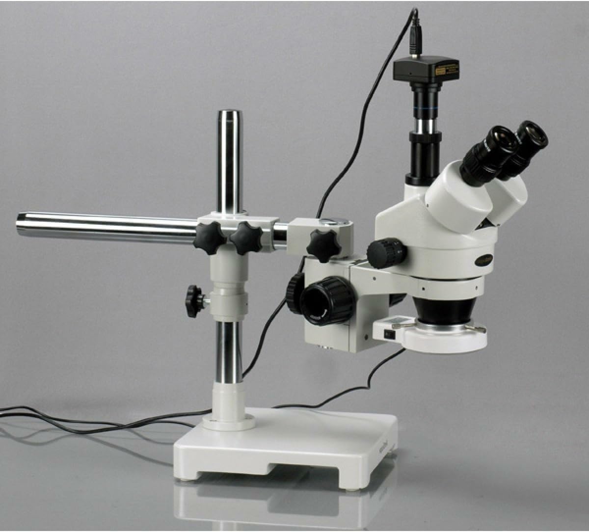 AmScope SM-3T-54S-M Digital Professional Trinocular Stereo Zoom Microscope, WH10x Eyepieces, 7X-45X Magnification, 0.7X-4.5X Zoom Objective, 54-Bulb LED Light, Single-Arm Boom Stand, 110V-240V, Includes 1.3MP Camera with Reduction Lens and Software