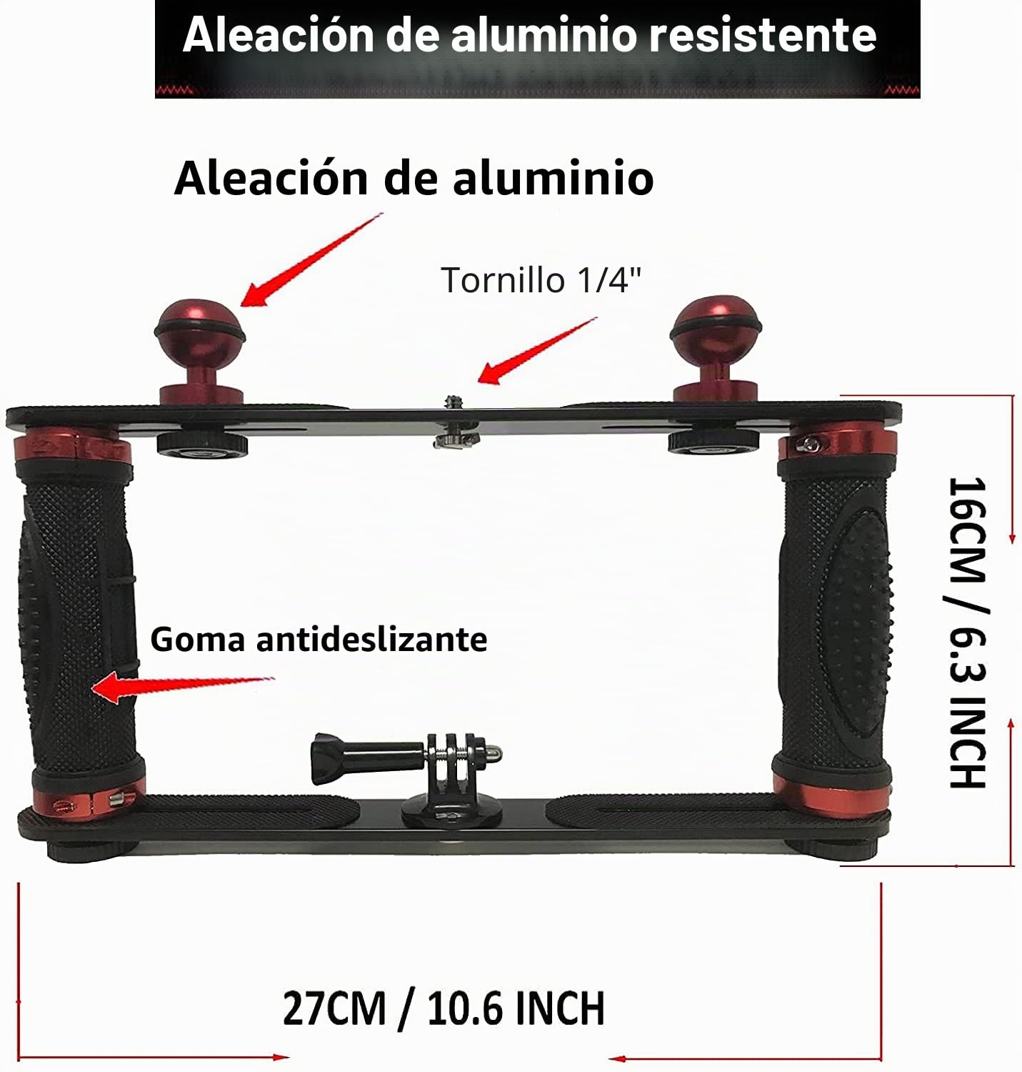 Soporte estabilizador de Mano subacuático de aleación de Aluminio, Bandeja de Soporte de luz de Buceo con Dos Asas de Bola de 1 Pulgada para cámara de acción y Cualquier Otra cámara con Agujero de