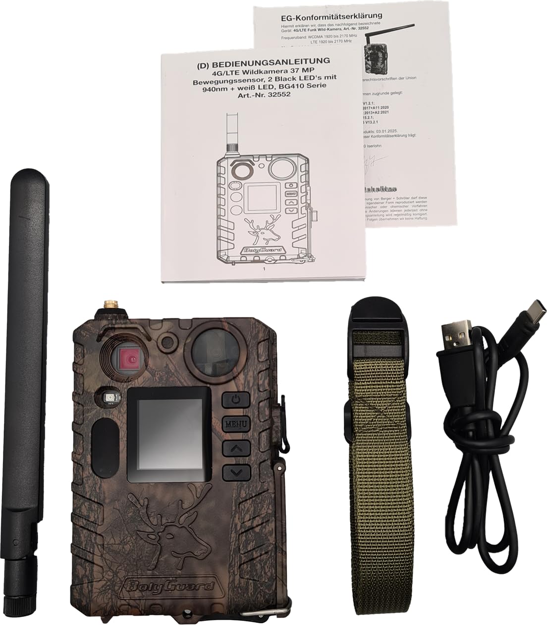 Berger + Schröter GmbH 4G/LTE Funk Wild-Kamera mit PIR Bewegungssensor, 2 Black LED's mit 940nm + weiße LED's, 37 Mio.-Pixel (4 MP CMOS Sensor), 4K Videos, 1,44'' TFT Bildschirm