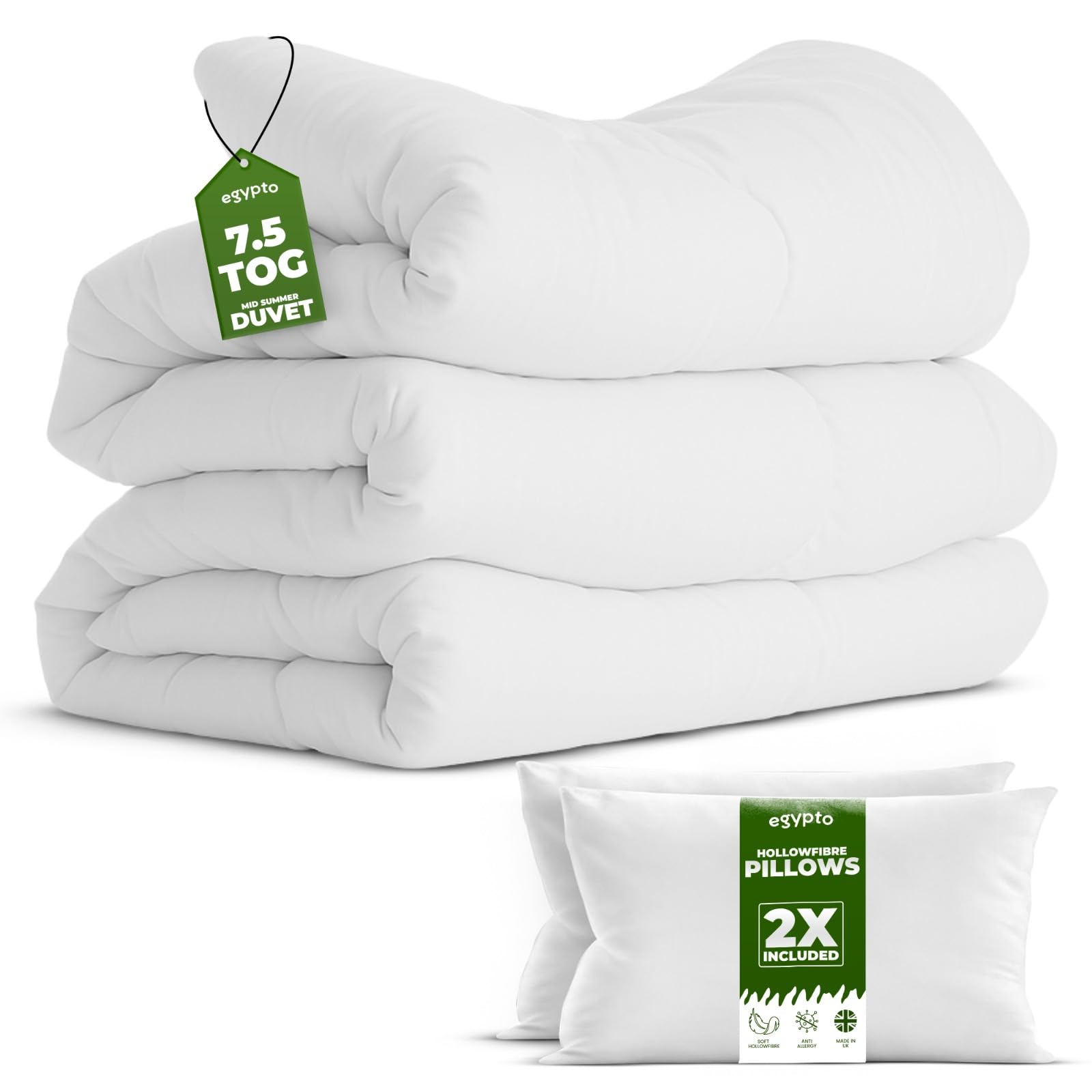 EGYPTO Hollowfibre 7.5 Tog Double Duvet Bed Quilt & Jumbo Pillow Set – Soft Polyproplane Cover – Lightweight Luxury Duvet with Anti Allergy Protection – Ideal for Summer Comforter (Double, 7.5 Tog)
