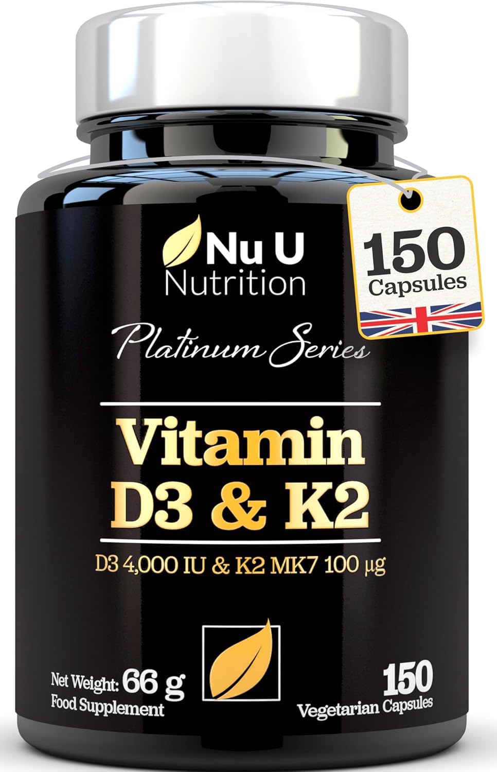 Nu U Nutrition Vitamin D3 4000 IU and Vitamin K2 100μg MK7-150 Vegetarian Capsules, 5 Month Supply - High Strength Vitamin D3 K2 Supplement - Made in UK