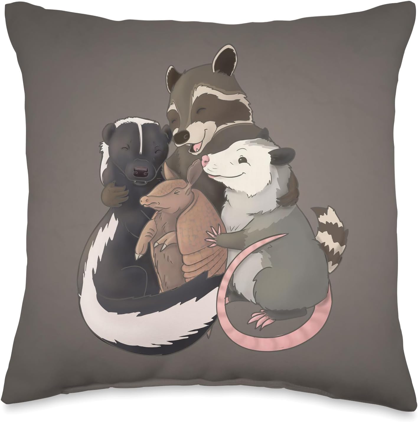 Hug Raccoon, Possum, Skunk and Armadillo Throw Pillow