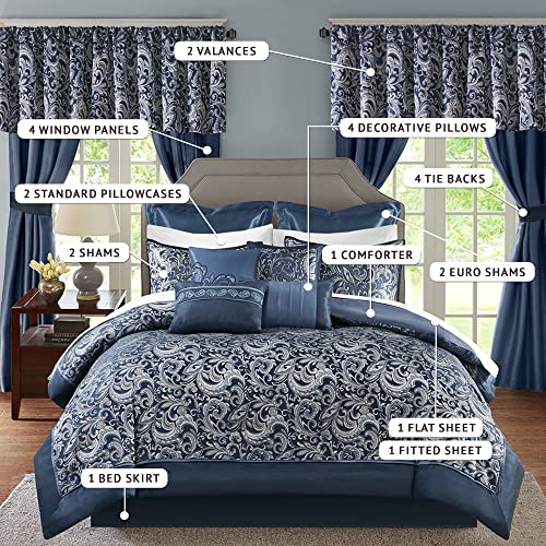 Image of Madison Park Essentials Brystol 24 Piece Room in a Bag Faux Silk Comforter Jacquard Paisley Design Matching Curtains Down Alternative All Season Bedding-Set, King(104 in x 92 in), Navy 24 Piece