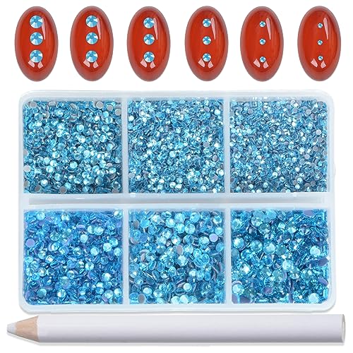 Image of Bymitel Hotfix Crystal Rhinestones Round Gems for Crafts,Mixed 6 Sizes with Wax Pencil Kit, Aquamarine1.3-3.2mm(SS3-SS12 /8000pcs)