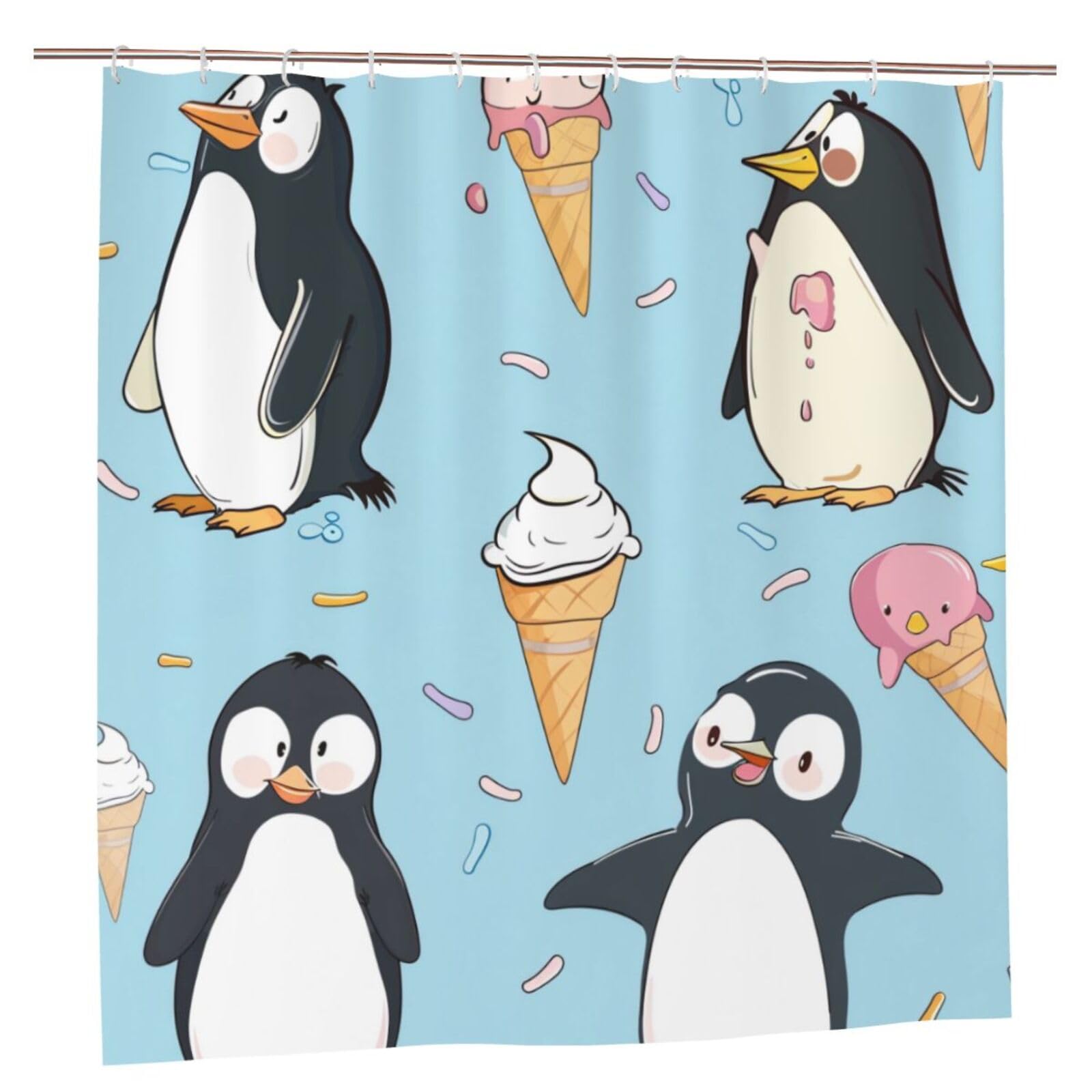 BWWHCCTI Cute Penguins Printed Shower Curtain With 12 Plastic Hooks Opaque Quick Drying Waterproof Shower Curtains Sets For Bathroom 183x183 CM