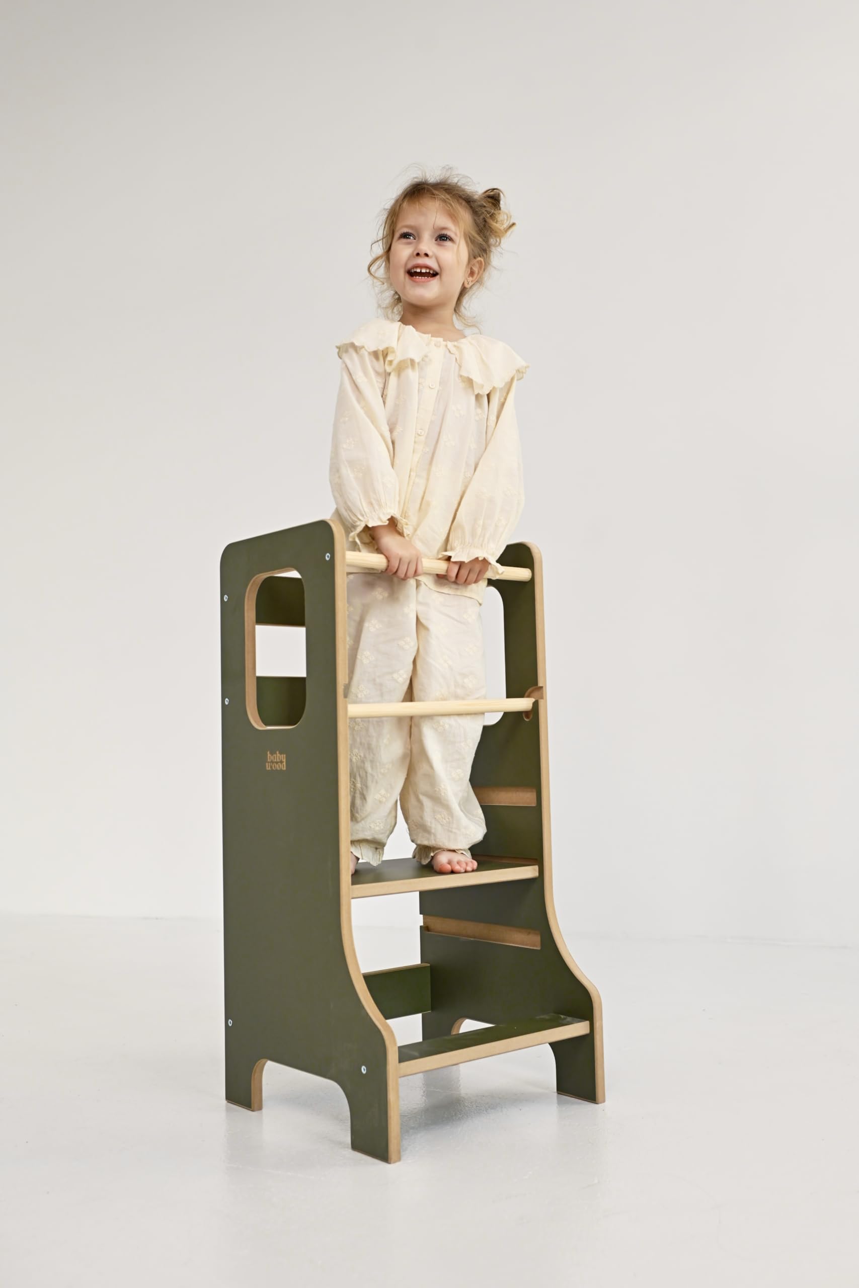 Kindersicherer Lernturm Oliv | Verstellbarer Montessori-Küchenhelfer | Montessori grün Küchenhelfer | Lernturm Oliv aus Holz | Holzplattform | Kinder Küchen Treppe