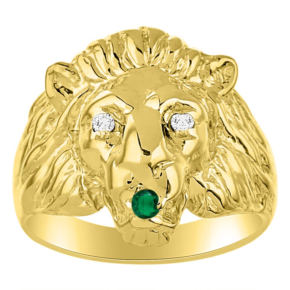 Rylos Lion Head Ring Color Stones Eyes &amp; Diamond Mouth – Fun Designer Rings in Sizes 8-13 in Yellow Gold Plated Silver
