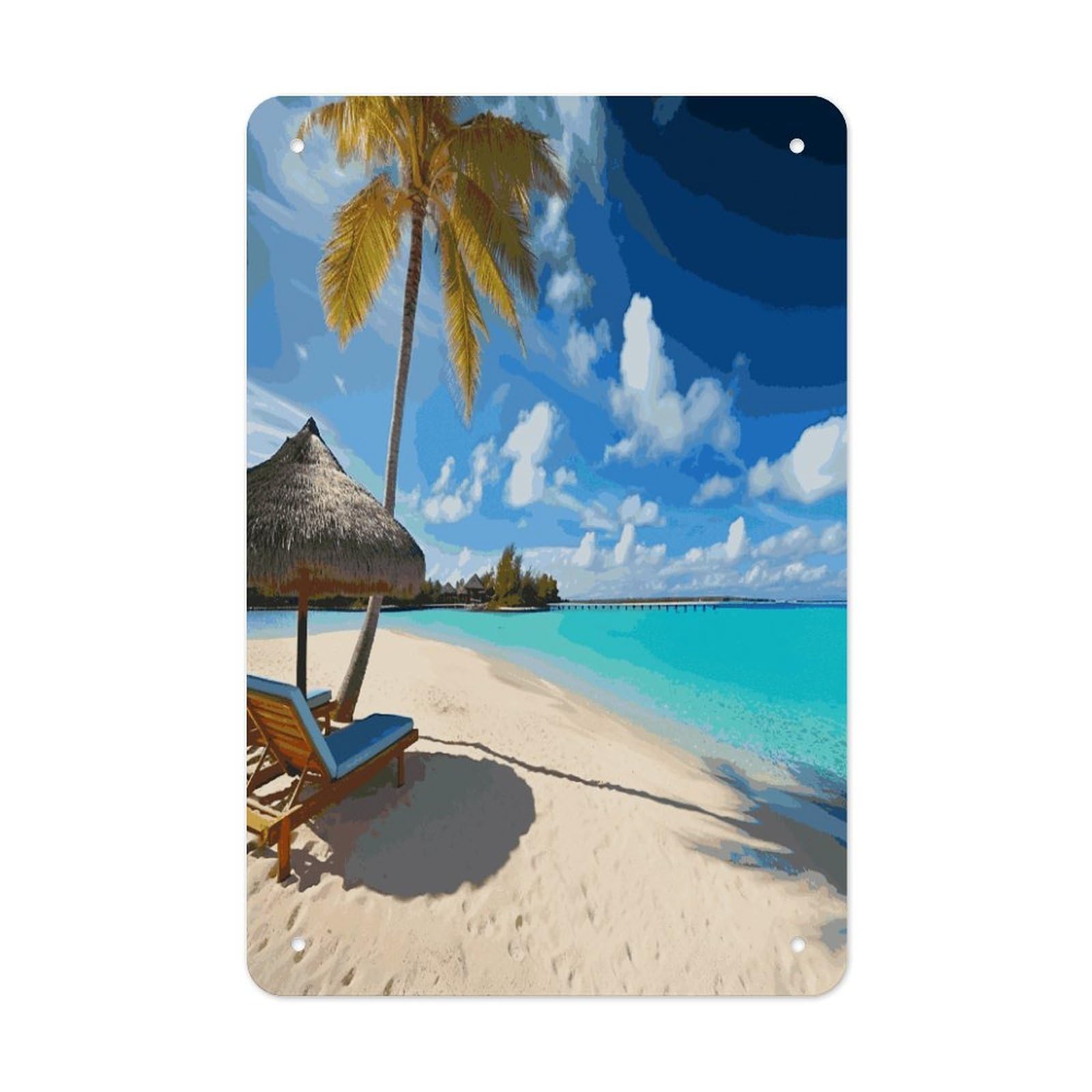 LDGSUPH Tropical Beach Wall Art Prints Folded Edge Iron Sheet Painting with Holes for Wall Prints Decorative Picture Metal Signboard Decor Painting for Outdoor Indoor Wall Decor