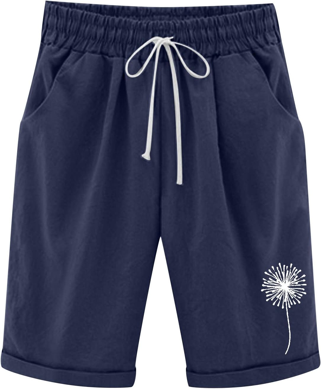 Summer Knee Length Shorts for Women 2025 Cotton Linen Bermuda Shorts Elastic Waist Workout Shorts Casual Loose Beach Shorts