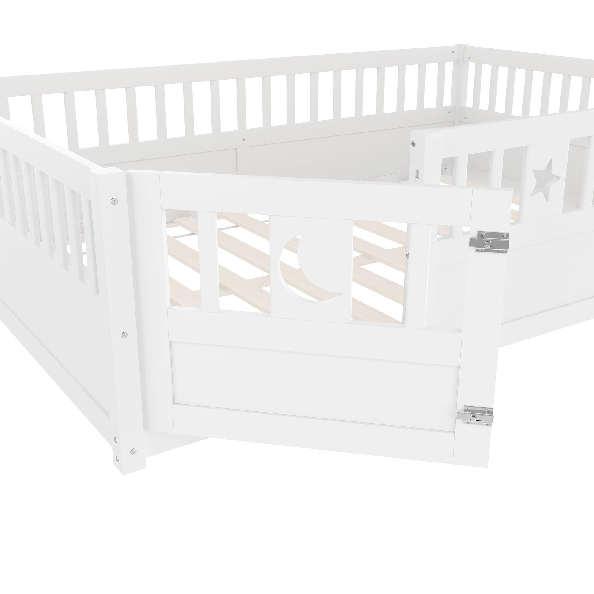Letto per Bambini 140 x 190 con Ringhiera, Montessori Letto a Terra Bambino con Rete a Doghe, decorazione a Stella e Luna, Struttura letto in Legno di pino(Senza Materasso)