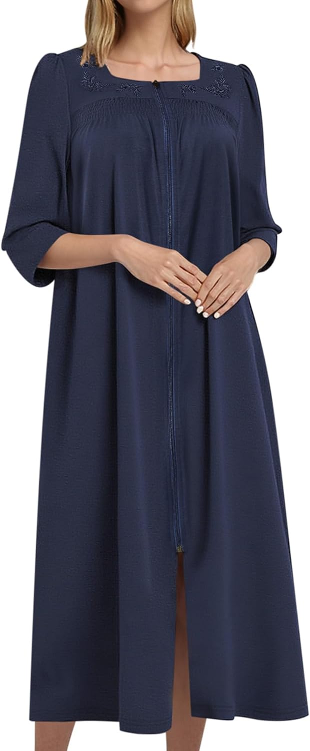 Bloggerlove Women's Zipper Robe 3/4 Sleeves Full Length House Dress Square Neck Housecoat Soft Cotton Nightgown with Pockets