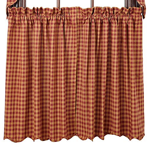 Vhc Brands Burgundy Check Scalloped Tier Set Of 2 L36Xw36 Country Curtains, Burgundy And Tan #TOP18