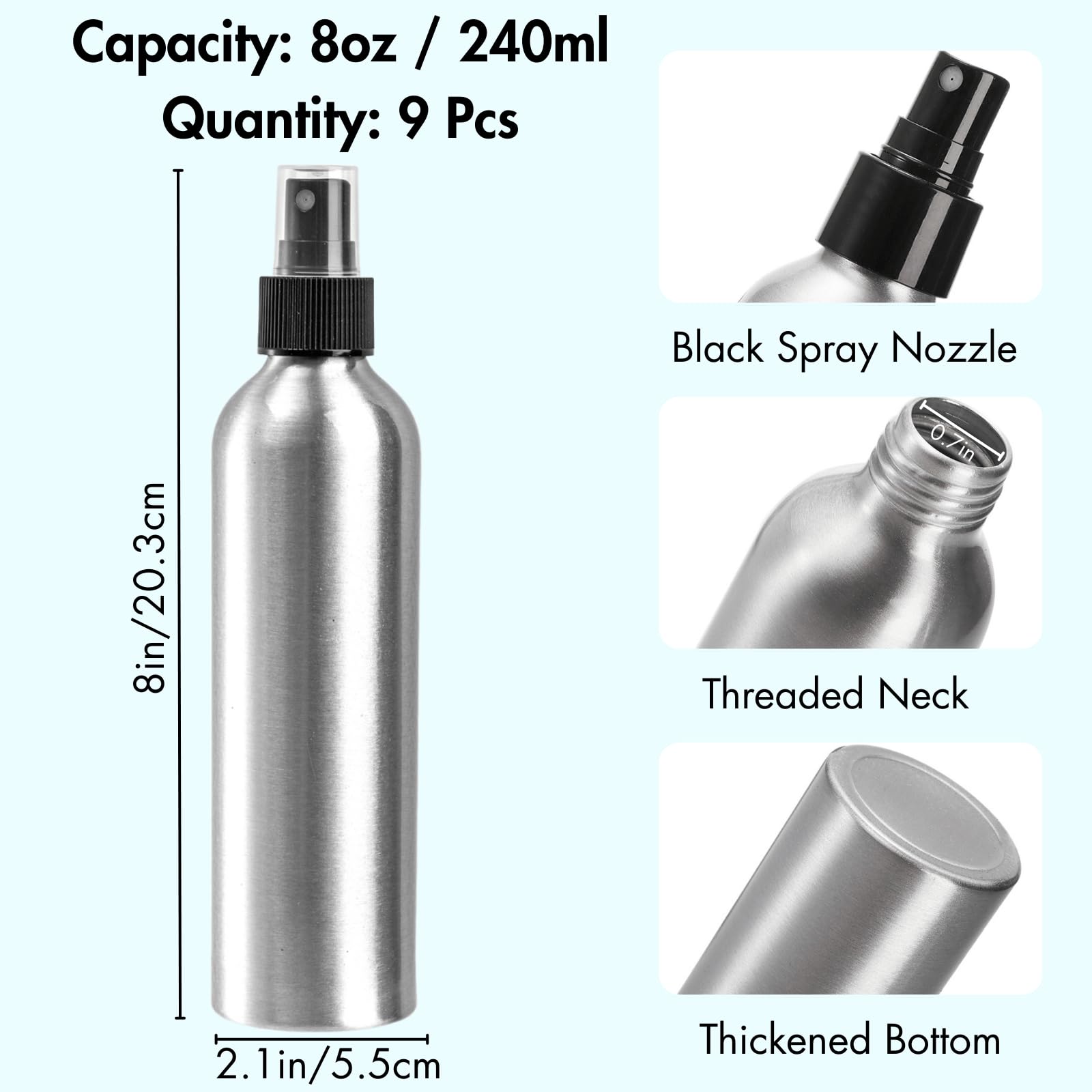 YOUEON 9 Stück 250ml Aluminium Sprühflaschen, wiederbefüllbare Sprühflaschen für feinen Nebel, wiederverwendbare Flaschen mit Sprühkopf für Reisen, Parfüm, Toner, Gesichtsspray, ätherisches Öl