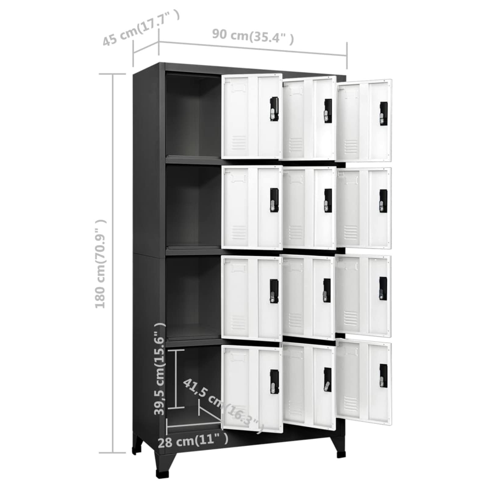 Armadietto a 12 cartoni, 90 x 45 x 180 cm, antracite e bianco, per ufficio, palestra, scuola, solut per ff e spogliatoi e unità di archiviazione sicura
