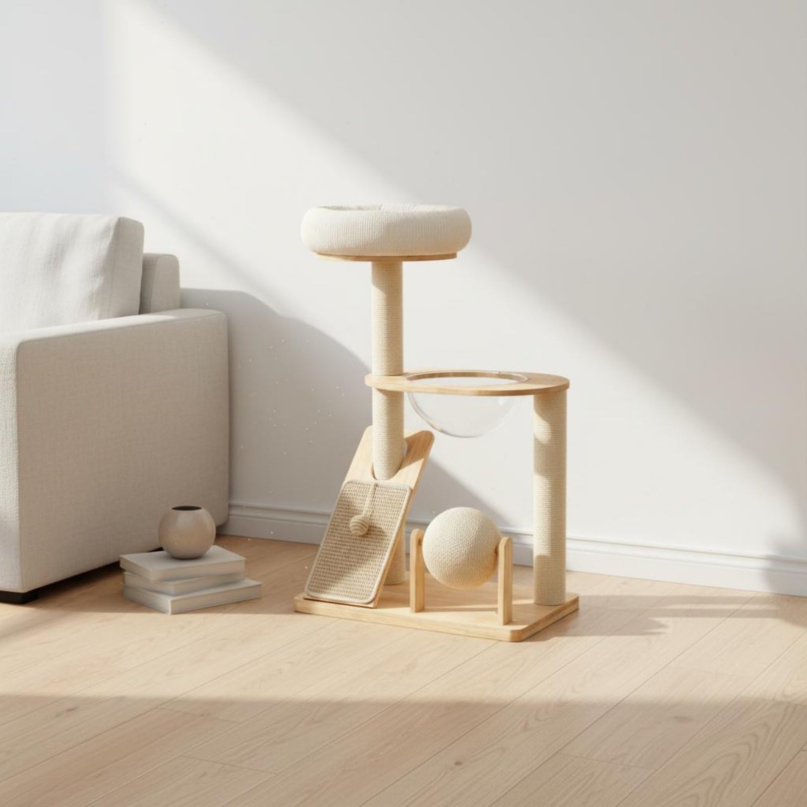 KESOTO Struttura per Arrampicata per Gatti Tiragraffi Centro Gioco Cuccia Amaca in Legno con Tavoletta Graffiante E Palla, Semplice Con Tiragraffi In Sisal E Palla Giocattolo
