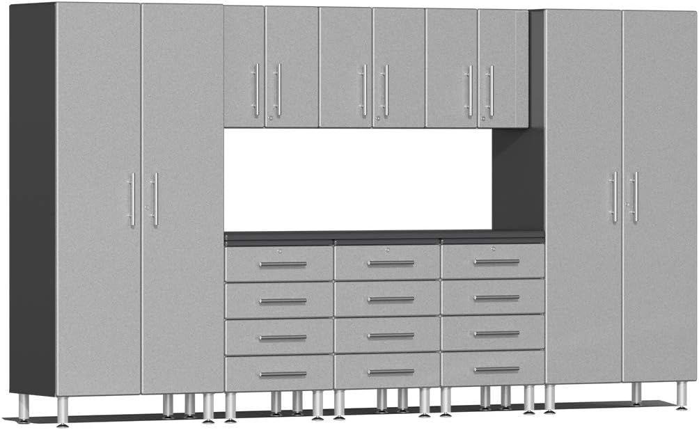 Ulti-MATE UG22091S 9-Piece Garage Cabinet Kit with Channeled Worktop in Stardust Silver Metallic