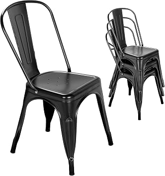 Nazhura Metal Dining Chair Farmhouse Tolix Style for Kitchen Dining Room Cafe Restaurant Bistro Patio, 18 Inch, Stackable, Waterproof Indoor/Outdoor (Sets of 4) (Black)