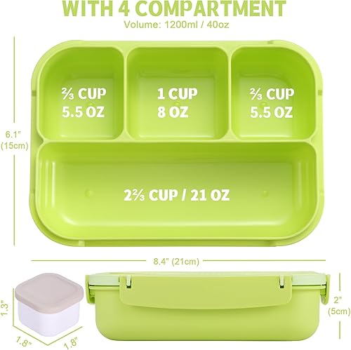 Vista 29 de Lonchera Bento para adultos, recipientes para niños y niñas con 4 compartimentos, contenedor de alimentos con utensilios, tarro de salsa, forros