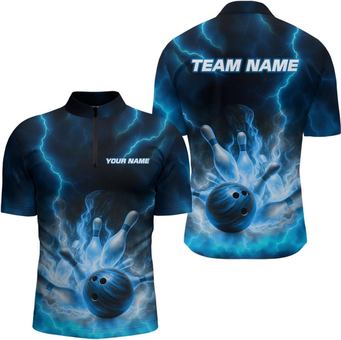 Custom Lightning Bowling Shirts for Women Men Bowling Jersey Blue Team Bowling Polo and Quarter Zip Shirts