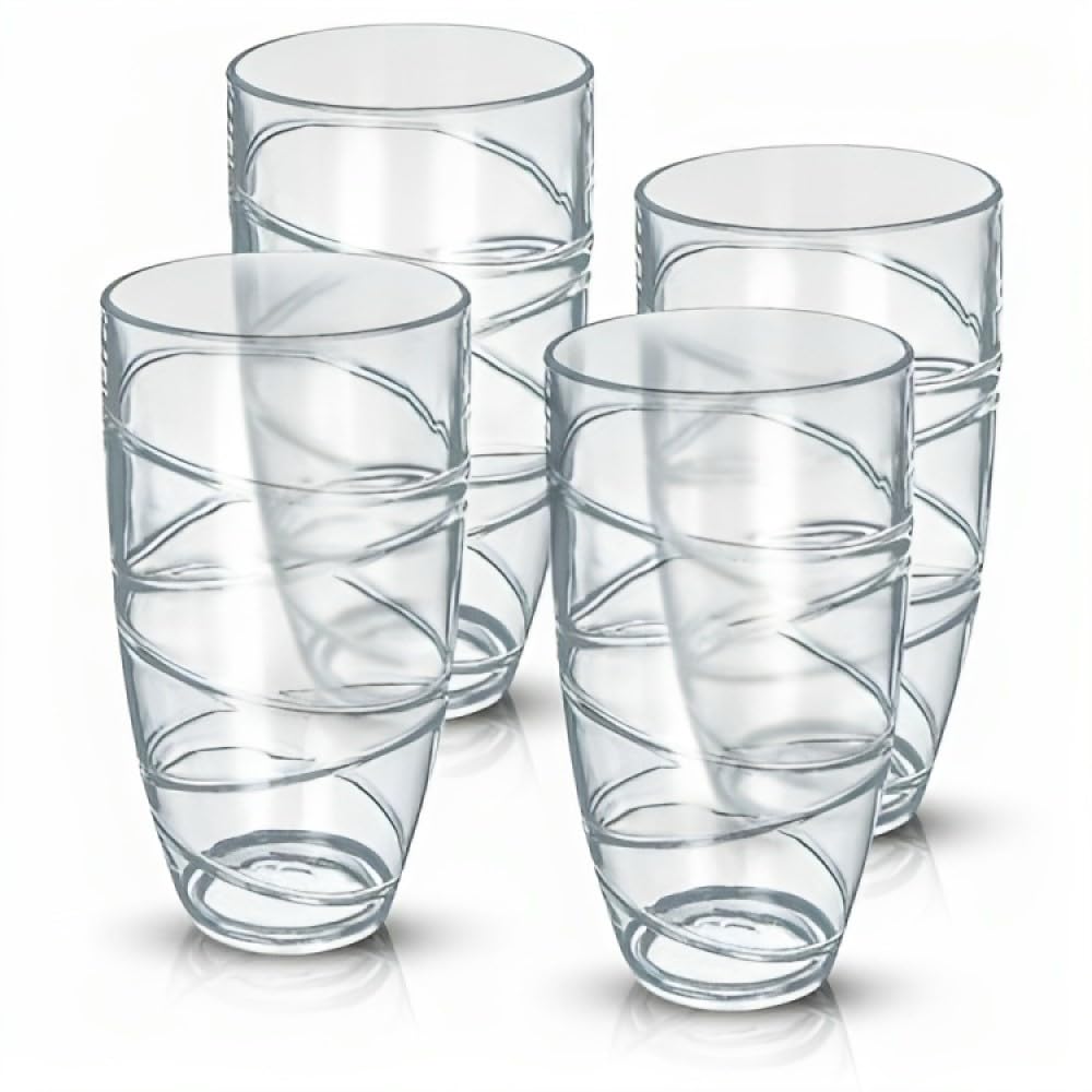 Scorpeon Set of 4 Clear Swirl Acrylic Drink Tumblers - Washable BPA Free Plastic Party Glasses for Picnic BBQ Camping Garden - Each Tumbler Glass Holds 600ML