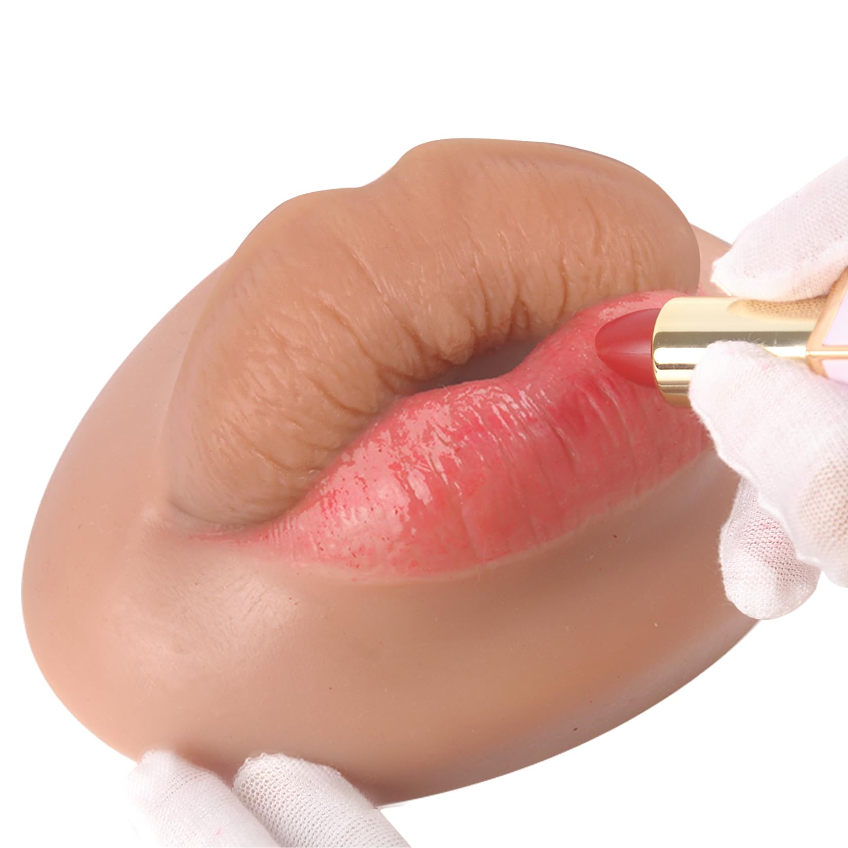 YEEFAIRY Platinum Silicone 3D Lip Mannequin + 1 Lipstick Kit for Makeup & Tattoo Practice Realistic Artificial Lips with Skin Texture Tool for SFX Beauty Beginner (Sausage Shaped Lips