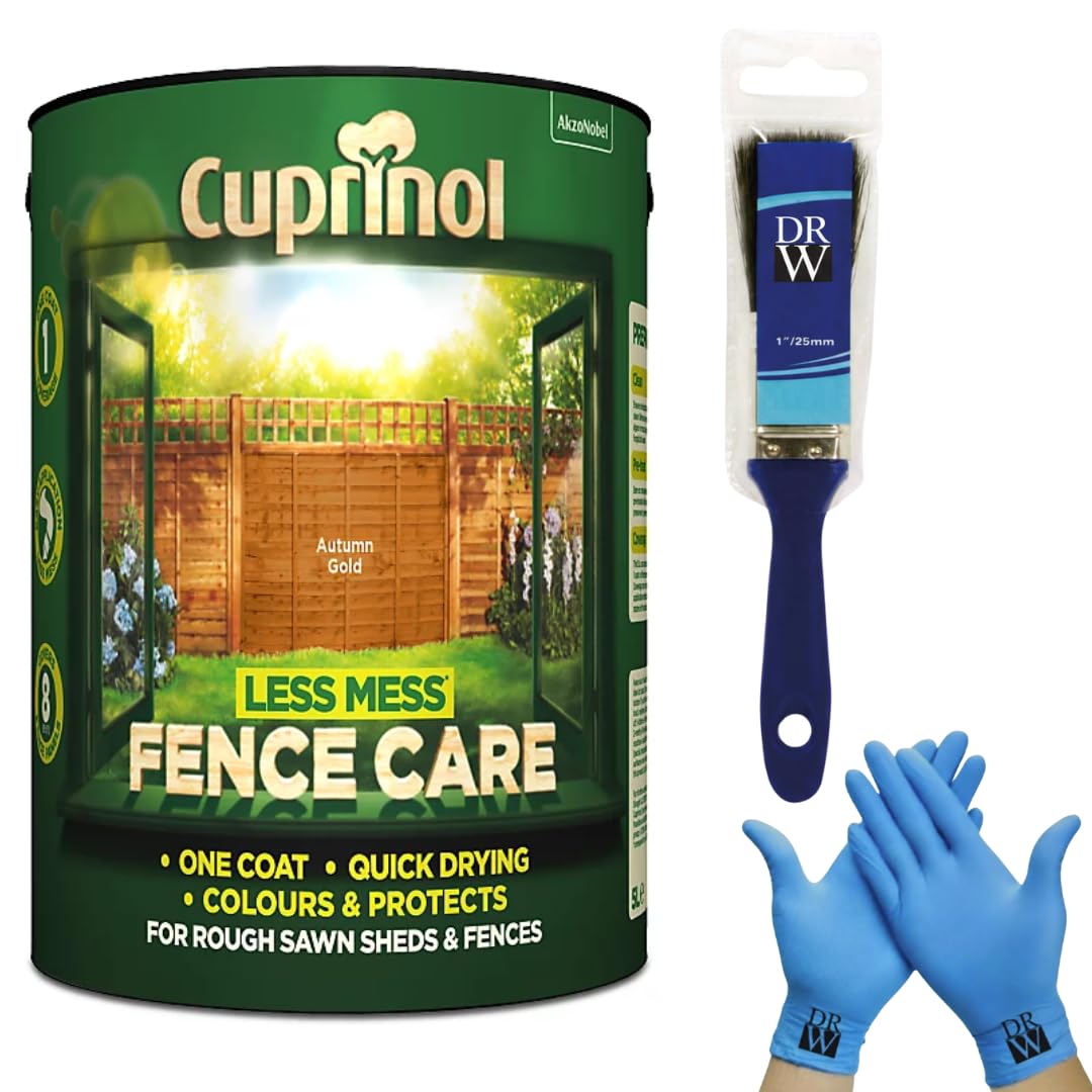 Cuprinol Less Mess Autumn Gold Fence Care Stain 6L + Free 4 Inch Fence Paint Brush & Nitrile Gloves – One‑Coat Coverage, Quick Drying, Rich Colour & Low Odour