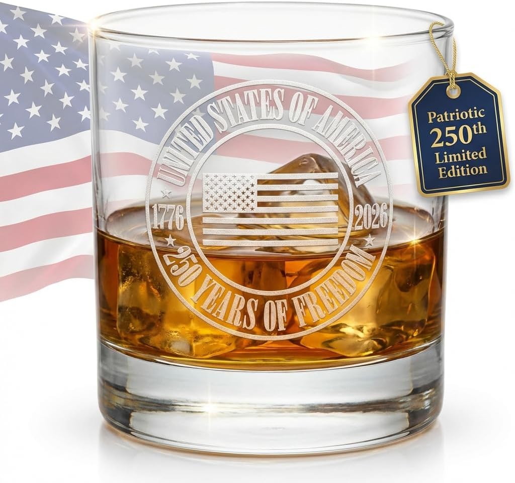 USA Semiquincentennial (250th) Anniversary Sandblasted 10.5 oz Rocks Glass – Heavy Base Glass for Cocktails – Unique Gift for Men - July 4th, Independence Day, Freedom, Patriotic (Both Side & Bottom)