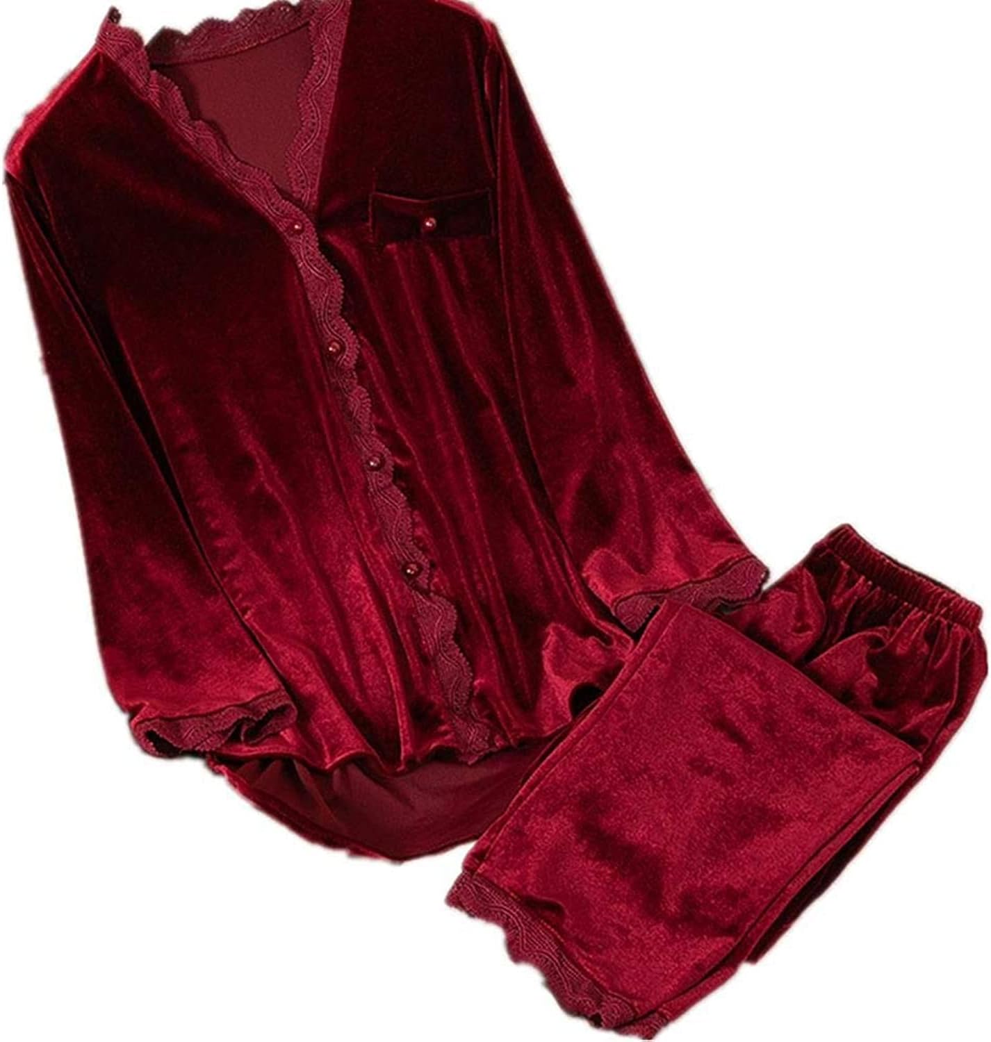 HUJINGLS Velvet Pajamas Women Autumn Winter Sleepwear Long Sleeve Casual Nightwear Pyjamas Suit Loose Home Clothes Lace Trim Sleep Set, L