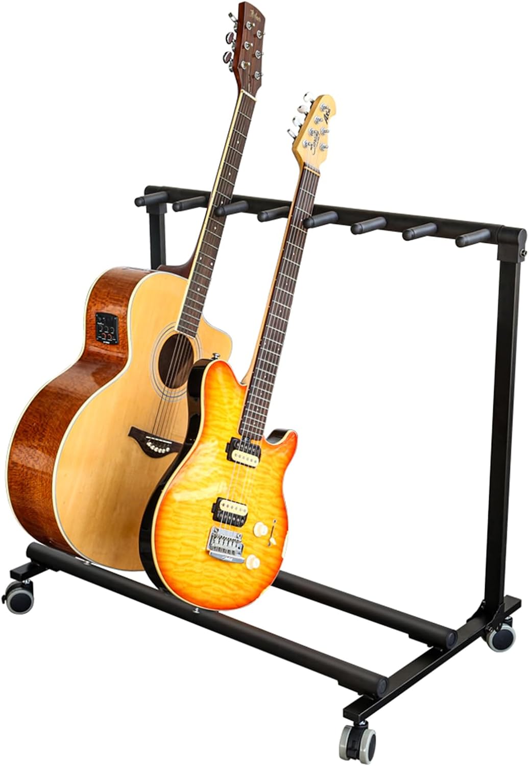 GarveeHome 7 Guitar Stand Rack with Wheels, Folding Design 7 Holder Multi Guitar Rack Guitar Rolling Stand Multiple Instrument Stage Studio Display Rack Movable for Acoustic Electric Guitar Bass