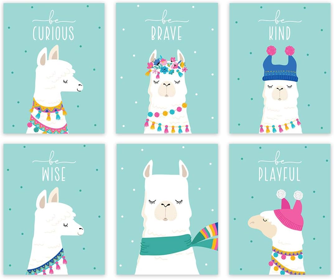 Andaz Press Llama Theme Nursery Kids Room Unframed Hanging Wall Art Poster Home Decor, 8.5x11-inch, Girl Pink, Watercolor Cactus Llama Graphics, 6-Pack, No Frames, Alpaca
