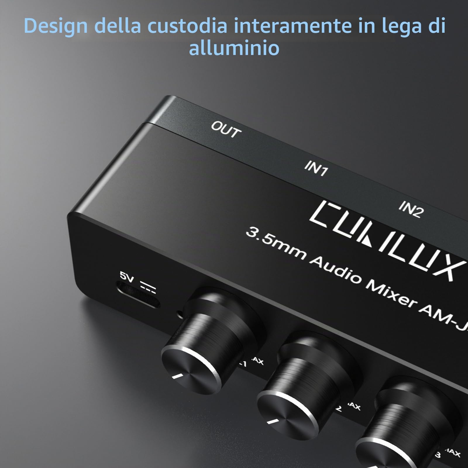 Cubilux Mixer audio a 4 canali con connessioni da 3,5 mm