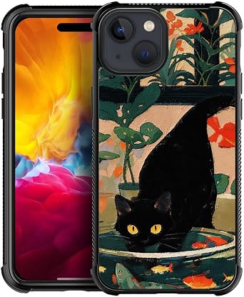 DJSOK Case Compatible with iPhone 15,H Black Cats Eat Fish with Four Corners Shockproof Protection Soft TPU Bumper and Hard PC Pattern Back Case for iPhone 15