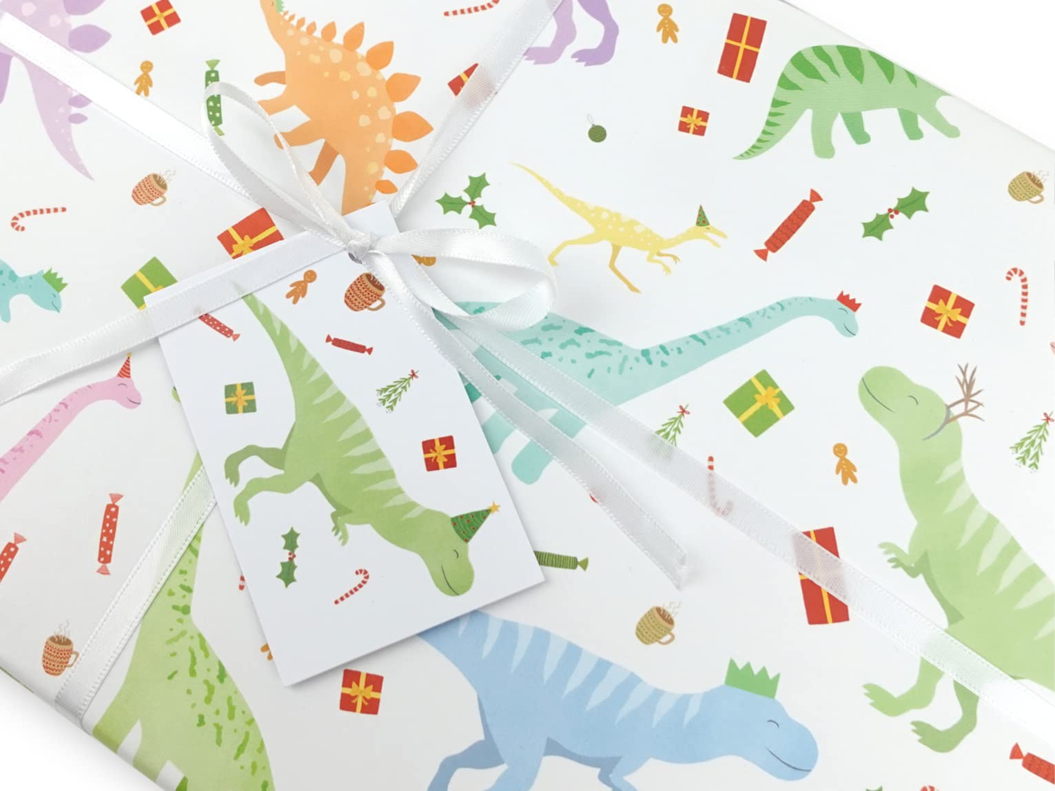 Christmas wrapping paper | Handmade gift wrap by VerbatimART - 50x70cm (10 Sheets + 10 Tags, Christmas Dinosaurs)