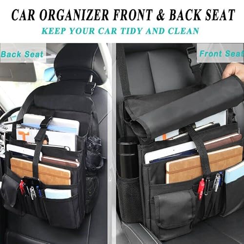 ECWKVN Car Front Seat Organizer with Dedicated Tablet/Laptop Storage, Mutilpurpose Car Backseat Organizer with Cup Holder-Adjustable Strap, Hardened Buckles, Car Seat Organizer Law Enforcement