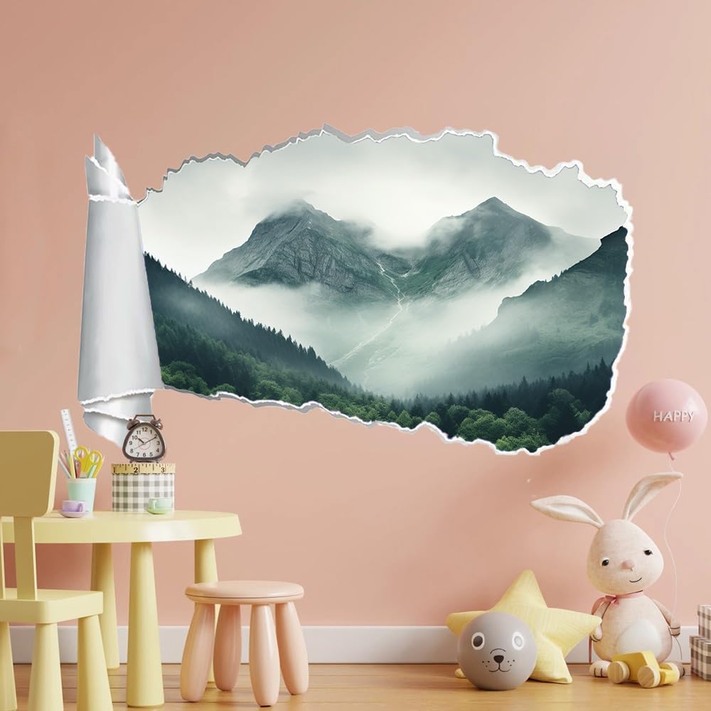 3D Wandaufkleber, Bergnebel Durchbruch Wandtattoos Deko Wand Selbstklebend Waldbäume, Wand Aufkleber Wanddurchbruch Wandsticker für Zuhause, Schlafzimmer, Wohnzimmer
