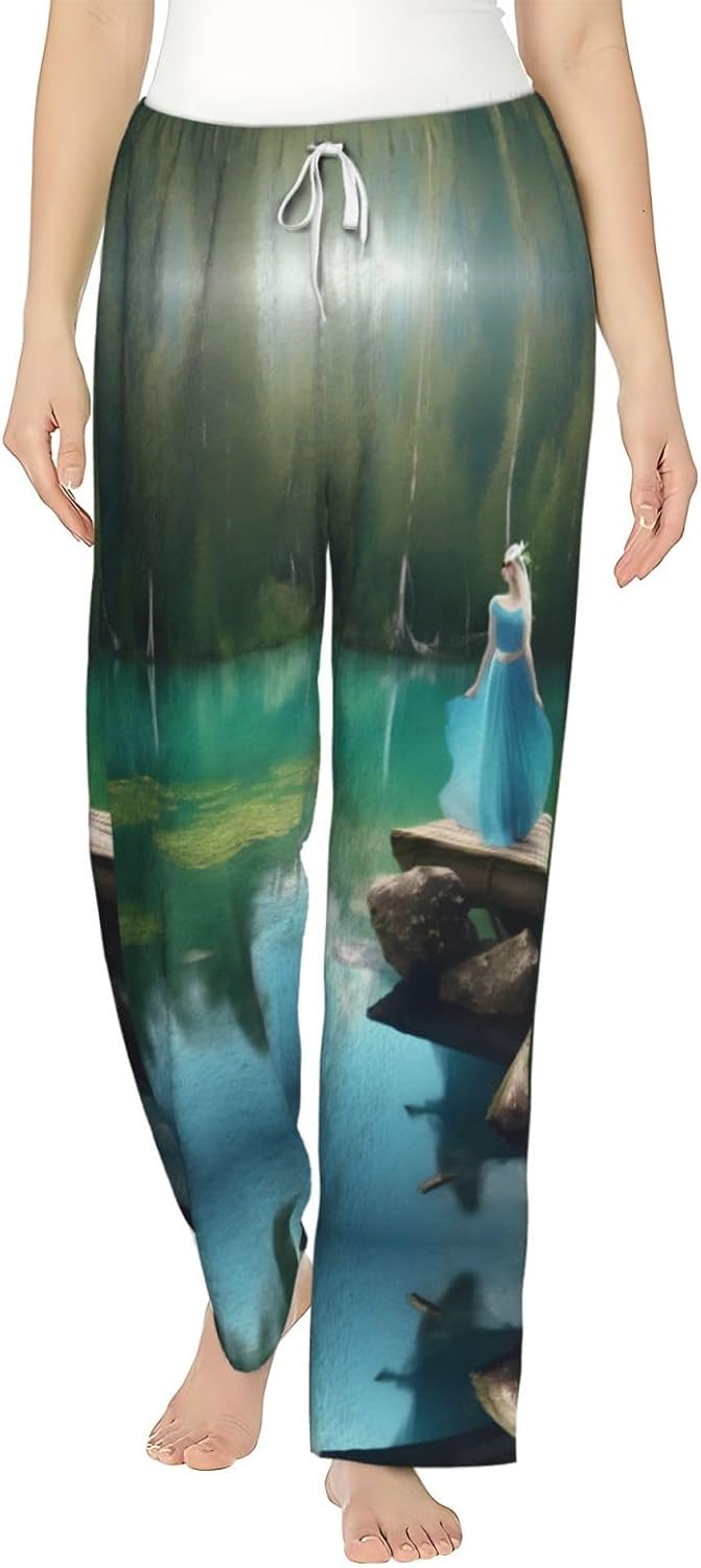 Lake Fairy Print Cozy Flannel Pajama Pants For Women,Warm Christmas Pj Pants,Cute Fleece Pajamas