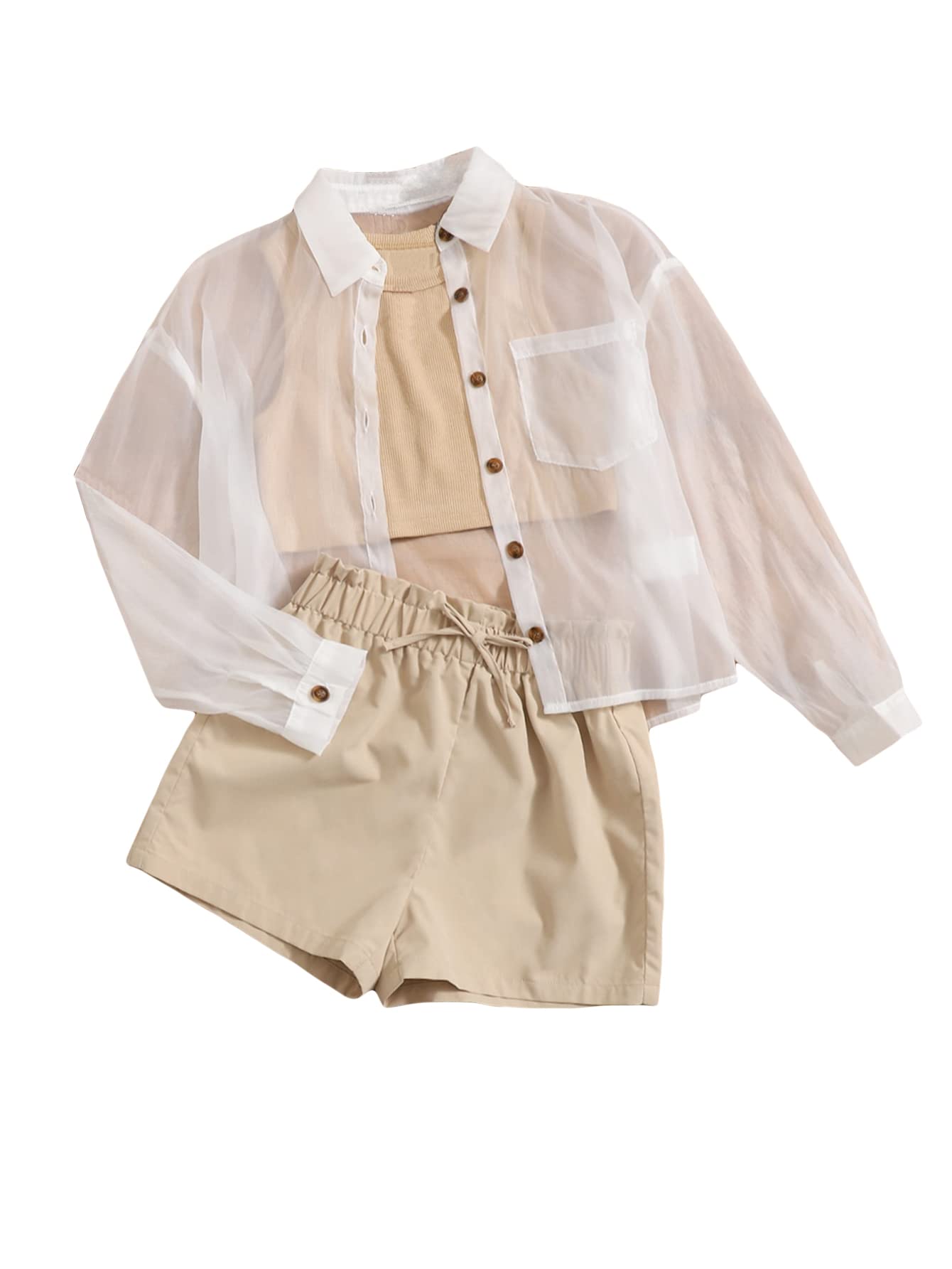 OYOANGLE Girl's 3 Piece Outfits Ribbed Knit Tank Top and Paperbag Waist Shorts Set with Mesh Cover Blouse